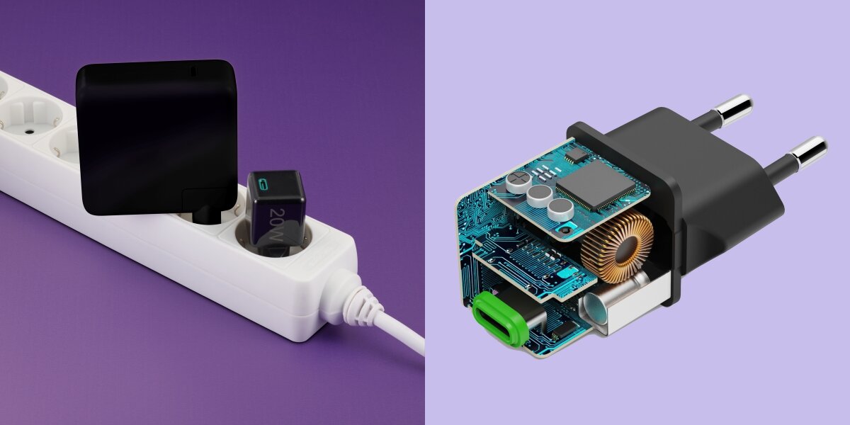 Ładowarka sieciowa HAMA SuperMini PD/QC 20W Czarny ładoarka wpięta do przedłużacza obok inna dużo większa