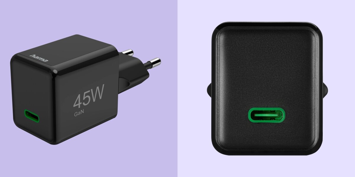 Ładowarka sieciowa HAMA SuperMini GaN PD/QC 45W Czarny zblizenie na port USB-C ładowarki