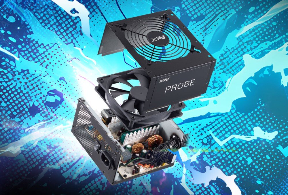 Zasilacz XPG PROBE Grafika przedstawiająca rozłożone elementy zasilacza, w tym obudowę, duży czarny wentylator oraz wewnętrzne komponenty elektroniczne, takie jak kondensatory i cewki