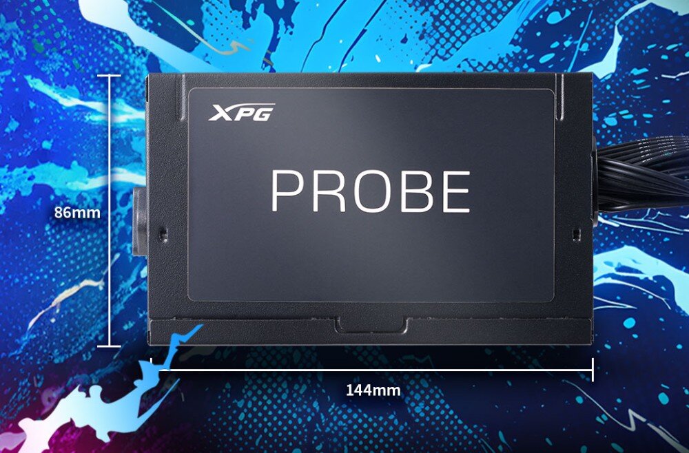 Zasilacz XPG PROBE Boczny panel czarnego zasilacza z białym napisem 'PROBE' oraz naniesionymi wymiarami urządzenia wynoszącymi 86 mm wysokości i 144 mm długości