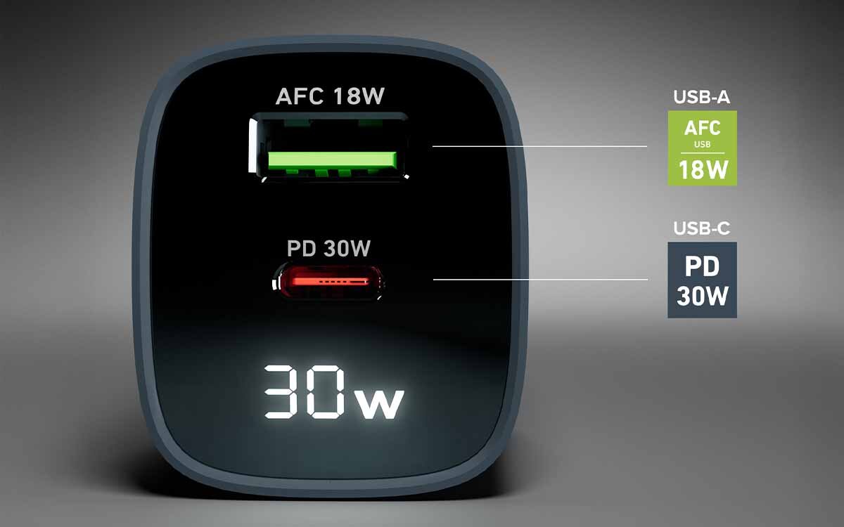 Ładowarka sieciowa SBS GaN 30W ekran LCD i porty podwójne porty ładowania