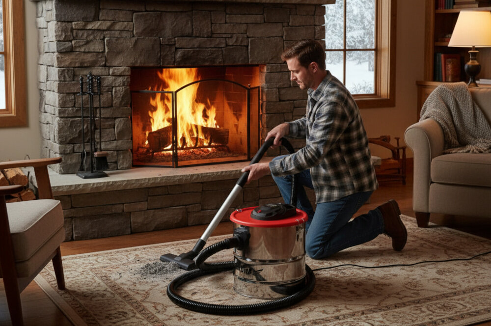 Odkurzacz do popiołu DEDRA DED6593 pokój kominek osoba odkurza popiół z dywanu w tle okna obok meble usuwanie popiołu wielofunkcyjne zastosowanie