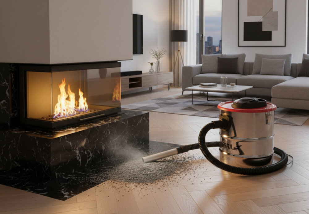 Odkurzacz do popiołu DEDRA DED6593 pokój kominek odkurzacz stoi przed kominkiem wokół rozsypany popiół w tle okna meble do bezpiecznego i wygodnego usuwania popiołu z kominków, pieców oraz grillów bez rozsypywania pyłu po pomieszczeniu do użytku w domu przy użytkowaniu na zewnątrz