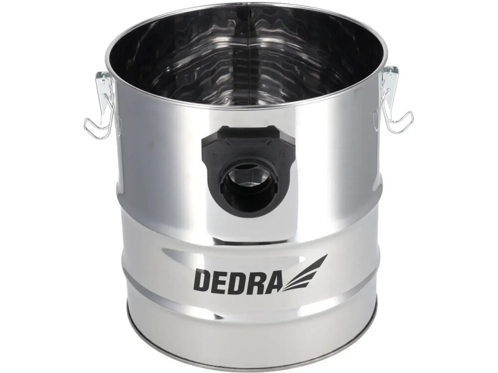 Odkurzacz do popiołu DEDRA DED6593 zbiornik na białym tle zbiornik o pojemności 20 litrów z materiału przystosowanego do pracy z popiołem o temperaturze do 60°C opróżniać palenisko po ostygnięciu bezpieczeństwo użytkowania ogranicza częstotliwość opróżniania metalowe zapięcia uszczelniają pojemnik
