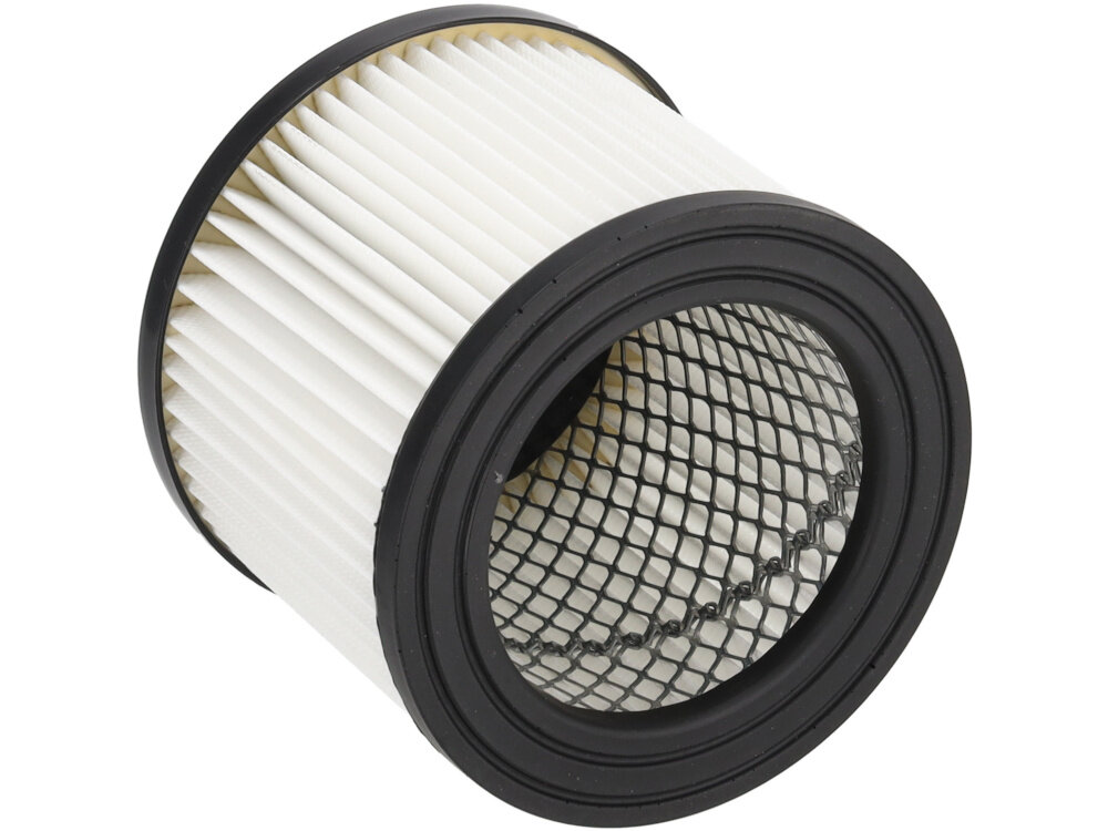 Odkurzacz do popiołu DEDRA DED6593 filtr na białym tle zmywalny filtr typu HEPA zatrzymuje drobne cząstki popiołu możliwość mycia skuteczna filtracja wpływa na czystsze powietrze w pomieszczeniu