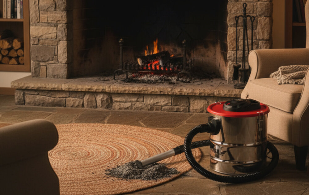 Odkurzacz do popiołu DEDRA DED6593 dom pokój kominek odkurzacz stoi na dywanie obok popiół w tle meble funkcja wydmuchu ułatwia usuwanie zabrudzeń z miejsc trudno dostępnych można dokładnie oczyścić przestrzeń przyspiesza pracę umożliwia przygotowanie paleniska do kolejnego rozpalenia