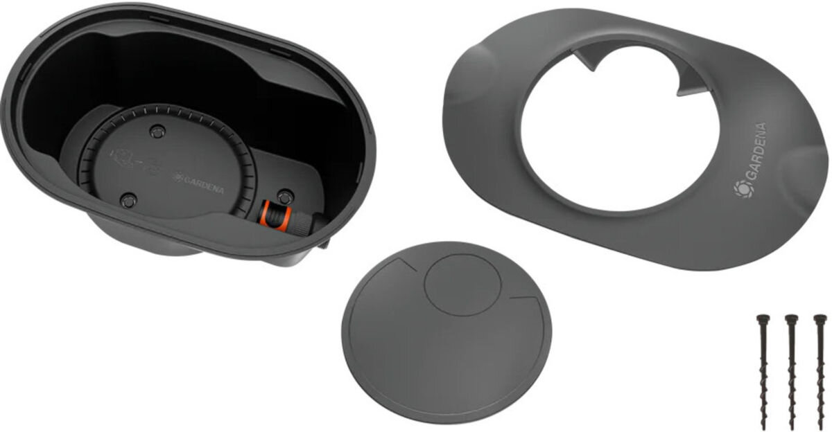 Skrzynka podziemna AquaPrecise GARDENA 16021-20, szpilki, grunt, montaż, odprowadzanie, woda, zastoje, wilgoć, na białym tle pełen zestaw skrzynki podziemnej