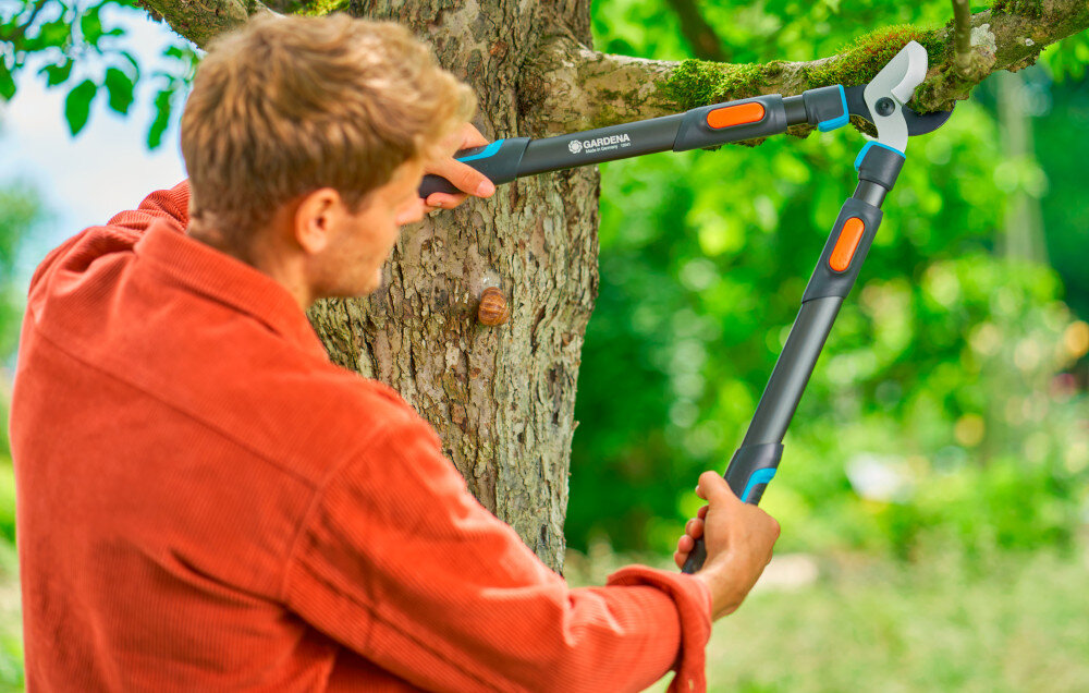 Nożyce do gałęzi GARDENA TeleCut Pro L 12041-20 ogród drzewa osoba przycina gałęzie długość 650 mm odpowiedni zasięg przy pracy wśród gęstych gałęzi dwuostrzowa konstrukcja ergonomiczny uchwyt lekka aluminiowa budowa