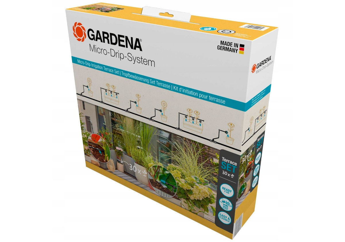 Zestaw do nawadniania GARDENA Micro-Drip-System 13400-20 (15 m), parowanie, marnotrawstwo, czas, oszczędza, na białym tle opakowanie fabryczne zestawu do nawadniania