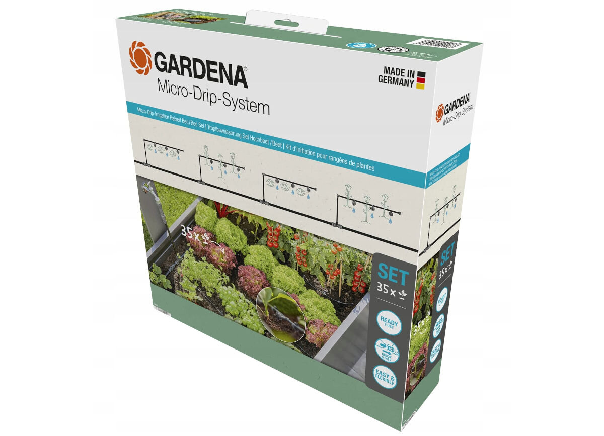 Opakowanie produktu GARDENA Micro-Drip-System z widocznym logo i napisem \'Made in Germany\'. Na opakowaniu znajdują się ilustracje systemu nawadniania oraz zdjęcie roślin w ogrodzie.