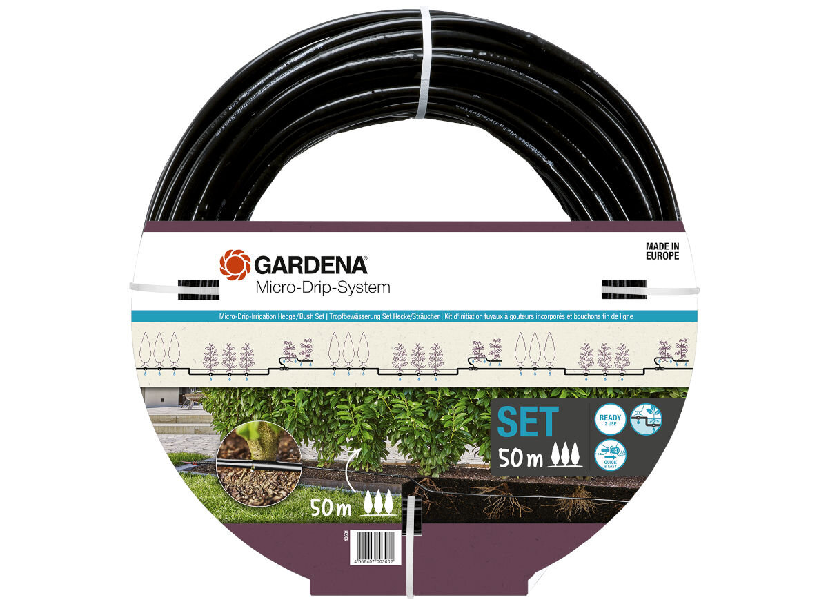 Zestaw do nawadniania GARDENA Micro-Drip-System 13501-20 o długości 50 m, z widocznym logo GARDENA i napisem \'SET 50 m\'.