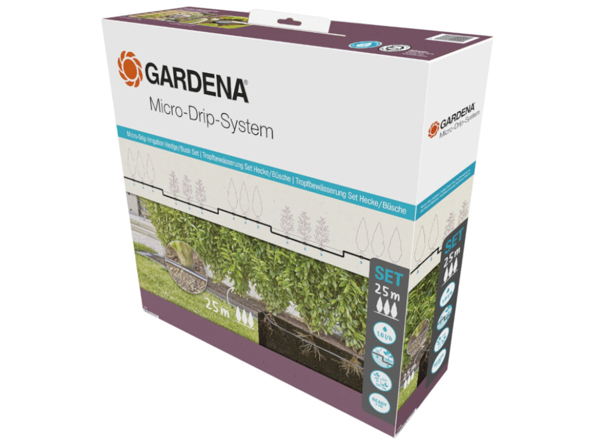 Opakowanie produktu GARDENA Micro-Drip-System z widocznym logo i grafiką przedstawiającą system nawadniania. Na opakowaniu znajduje się napis \'SET 25 m\'.