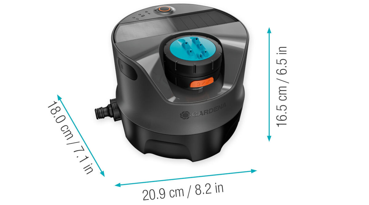 Zraszacz GARDENA AquaPrecise 16000-29, regulacja, zasięg, precyzja, ustawienie, na białym tle zraszacz wraz podaniem jego wymiarów