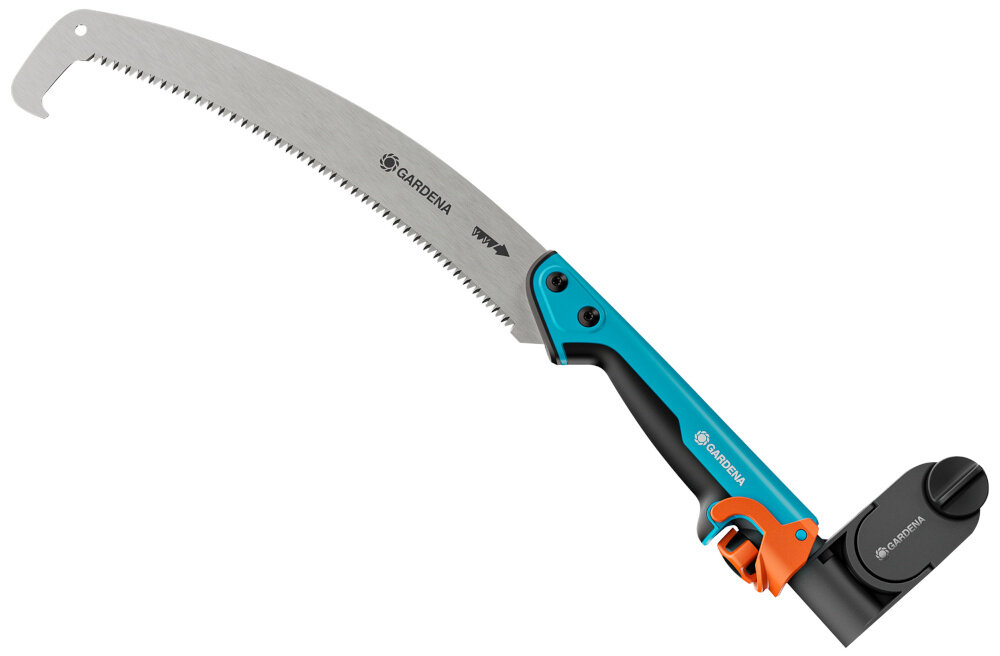 Piła ogrodowa GARDENA StarCut Pro L 12083-20 piła na białym tle pochylona głowica wygodne ustawienie ostrza pod odpowiednim kątem kontrola nad cięciem praca w gęstych koronach drzew