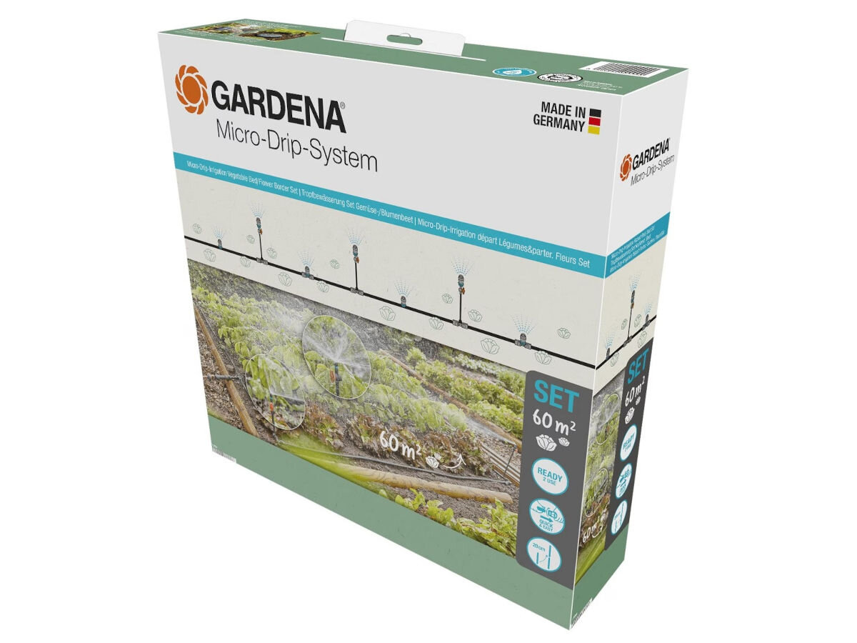 Zestaw do nawadniania GARDENA Micro-Drip-System 13450-20, micro drip, podlewanie, rura, kroplowniki, na białym tle opakowanie fabryczne zestawu do nawadniania