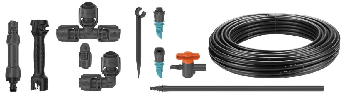 Zestaw do nawadniania GARDENA Micro-Drip-System 13450-20, podlewanie, donice, kroplowniki, zapychanie, na białym tle pełen zestaw akcesorium zestawu do nawadniania