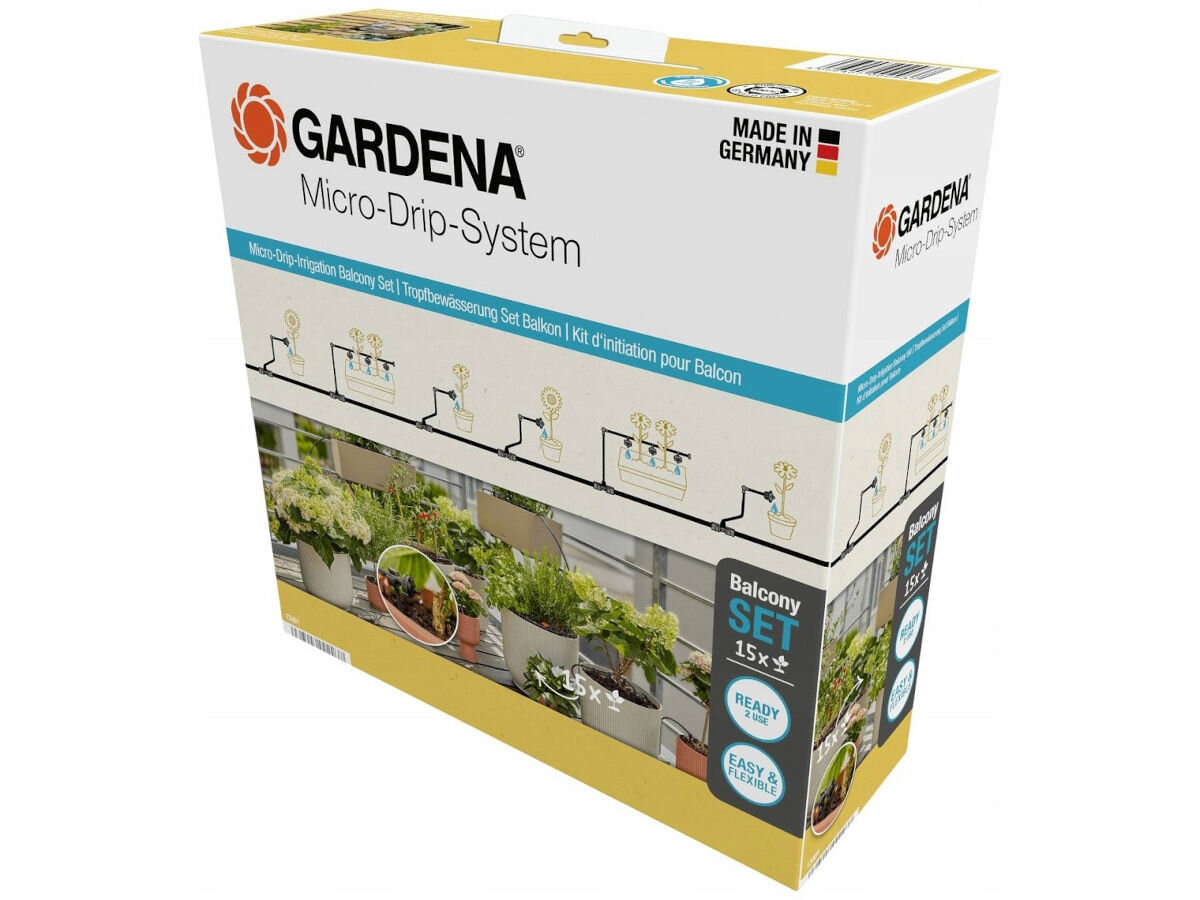 Zestaw do nawadniania GARDENA Micro-Drip-System 13401-20 (20 m), równomierne, grządki, kroplowanie, litry, na białym tle opakowanie fabryczne zestawu