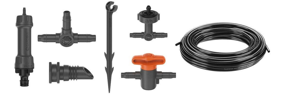Zestaw do nawadniania GARDENA Micro-Drip-System 13401-20 (20 m), UV, promieniowanie, labirynt, woda, na białym tle akcesoria zestawu nawadniającego