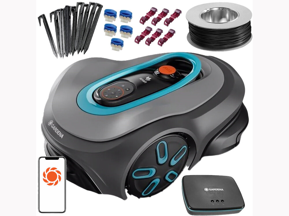 Robot koszący GARDENA Sileno Max 800 19901-32 zestaw na białym tle w zestawie robot stacja ładująca 6 łączników 5 złączek 150-metrowy przed ograniczający 200 szpilek 3-metrowy kabel niskonapięciowy dokumentacja