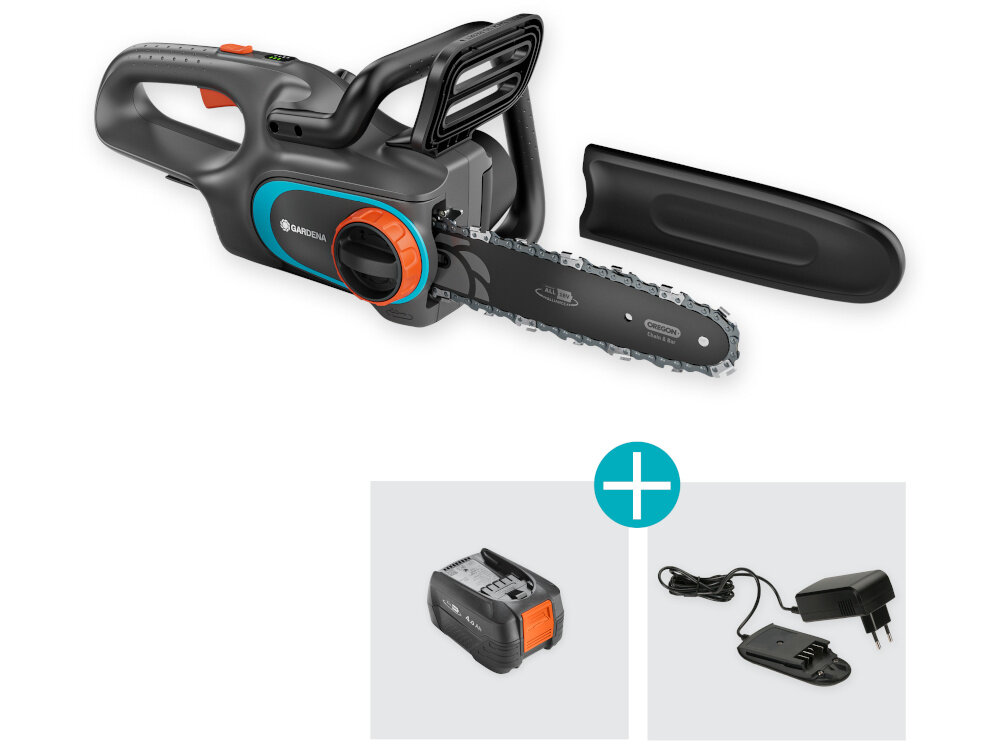 Piła akumulatorowa GARDENA PowerSaw 14790-20 zestaw na białym tle w zestawie piła osłona łańcucha ładowarka dokumentacja
