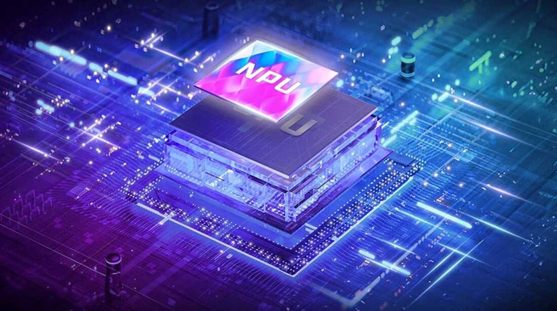 Chip NPU umieszczony na układzie scalonym, ilustrując ich współdziałanie w komputerze. - Intel Evo, Jednostka NPU przyspiesza programy AI