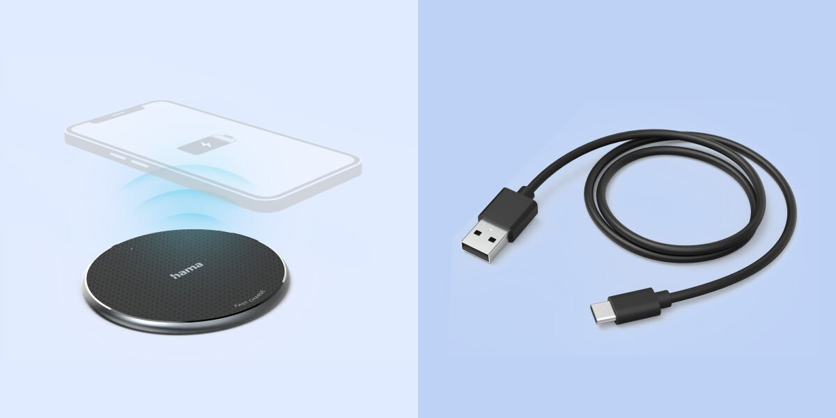 Ładowarka indukcyjna HAMA QI-FC10 10W Czarny Qi Uniwersalna technologia QI ładowarka obok zwinięty kabel usb-a do usb-c