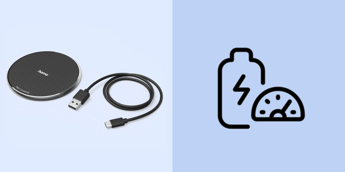 Ładowarka indukcyjna HAMA QI-FC10 10W Czarny Qi Szybkie ładowanie do 10 W - zwinięty kabel i ładowarka obok ikona szybkiego ładowania