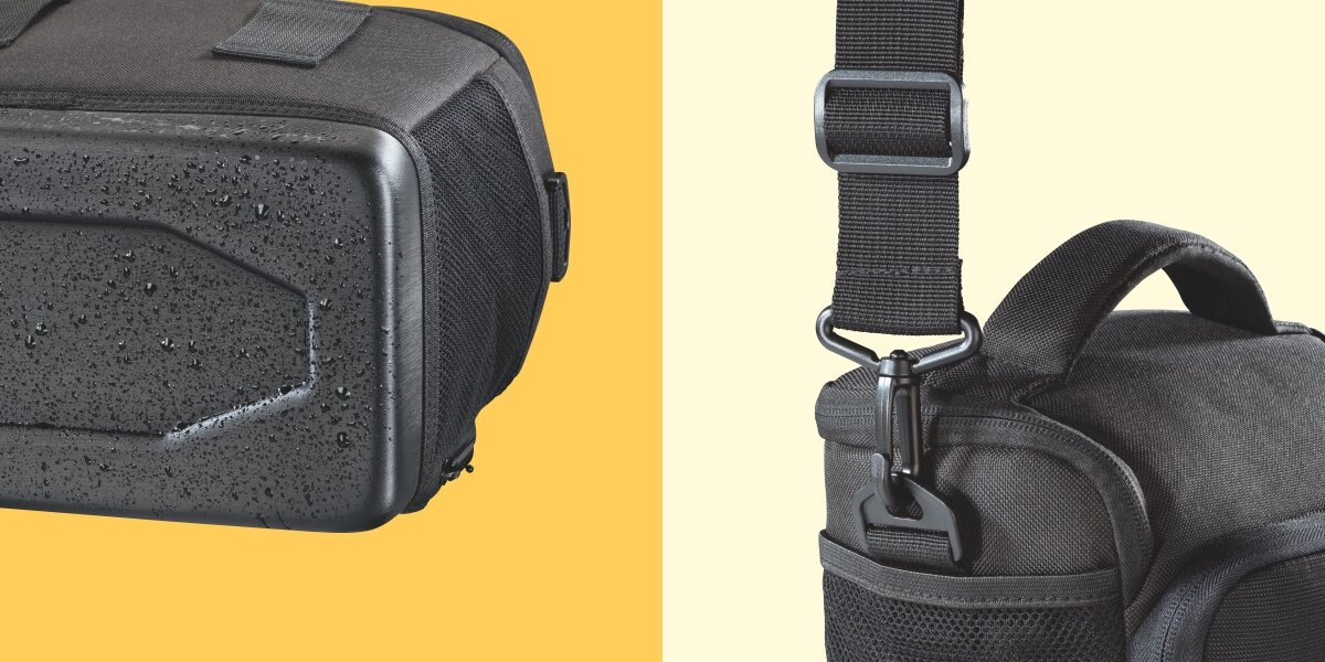 Torba HAMA Albany HC 110 Czarny Wygoda noszenia w terenie - zbliżenie na karabińczyk na odpinany pasek na ramię
