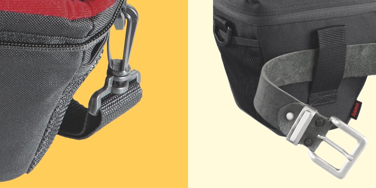 Torba HAMA Valetta 110 Colt Czarny - zbliżenie na karabińczyk do paska na ramię obok zbliżenie na szluwki na pasek