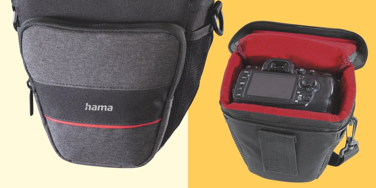 Torba HAMA Valetta 110 Colt Czarny - otwarta torba w środku widoczny aparat obok zbliżenie na przednią kieszeń