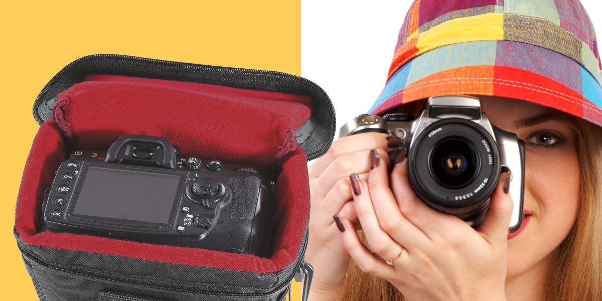 Torba HAMA Valetta 110 Colt Czarny - zbliżenie na wyściółkę wewnętrzną i schowany w torbie aparat