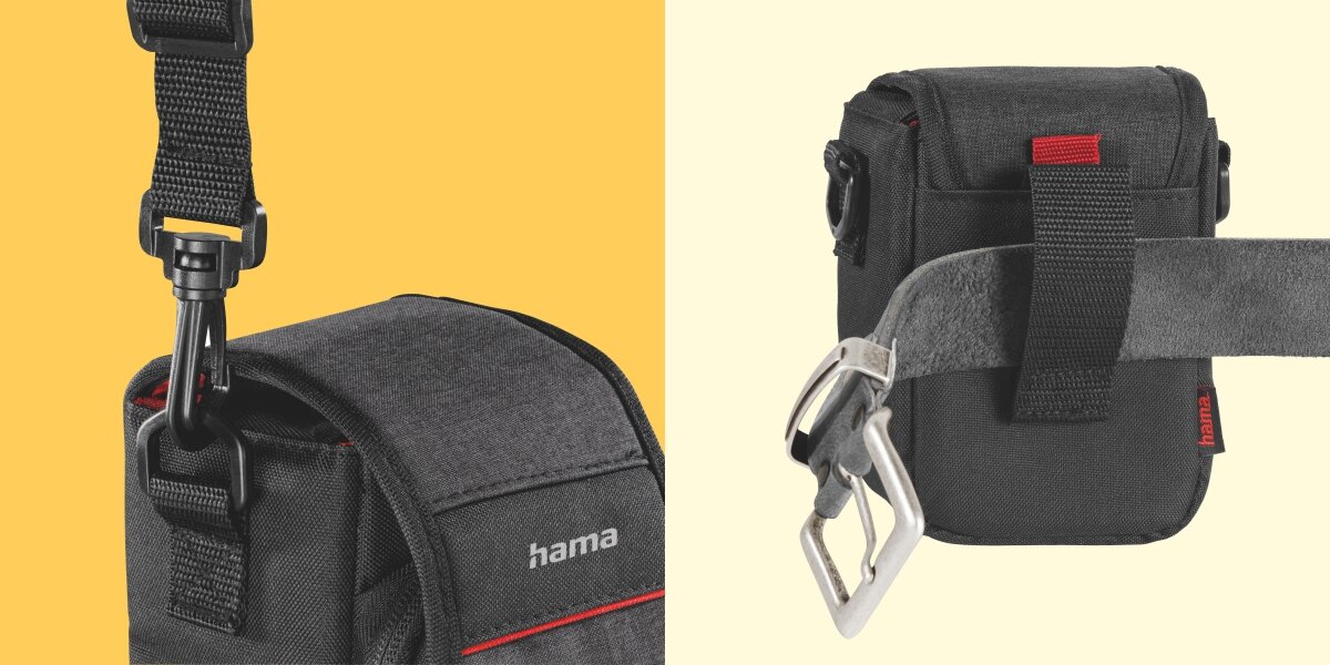 Torba HAMA Valetta 90 CzarnyWygodne sposoby noszenia - zbliżenie na karabińczyk do paska na ramię obok zbliżenie na szluwkę na pasek