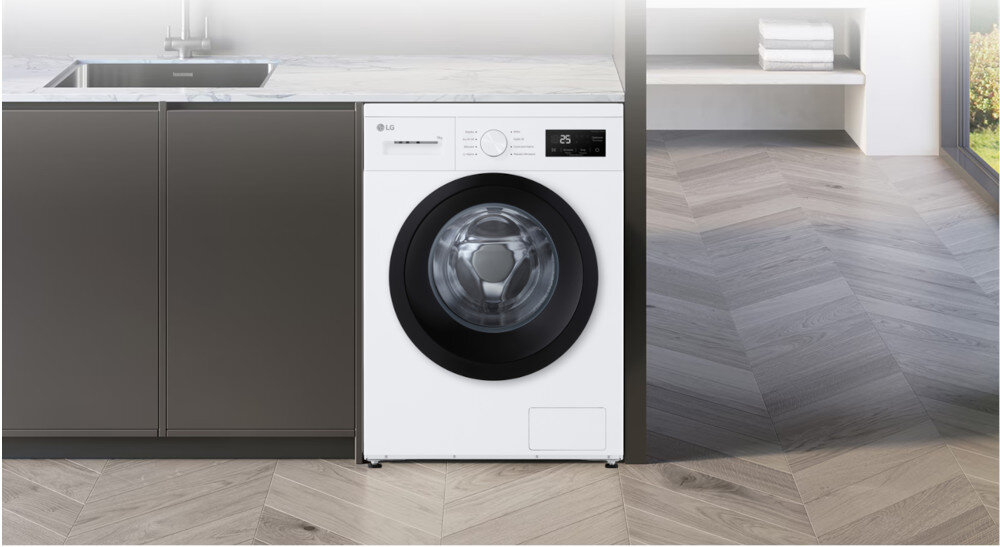 PRALKA LG F4A1009NWK lifestyle w zabudowie meblowej front zamknięta panel wyświetlacz pokrętło zlewozmywak blat Styl i funkcjonalność