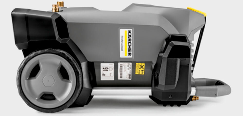 Myjka ciśnieniowa KARCHER HD 7/14-4M Plus 1.524-932.0 myjka lezy bokiem szara żółte elementy koła uchwyt jasne tło duża uniwersalność praca w pozycji pionowej lub poziomej dostosowanie do różnych warunków pozycja leżąca ułatwienie obsługi stabilność precyzja skuteczne usuwanie zabrudzeń