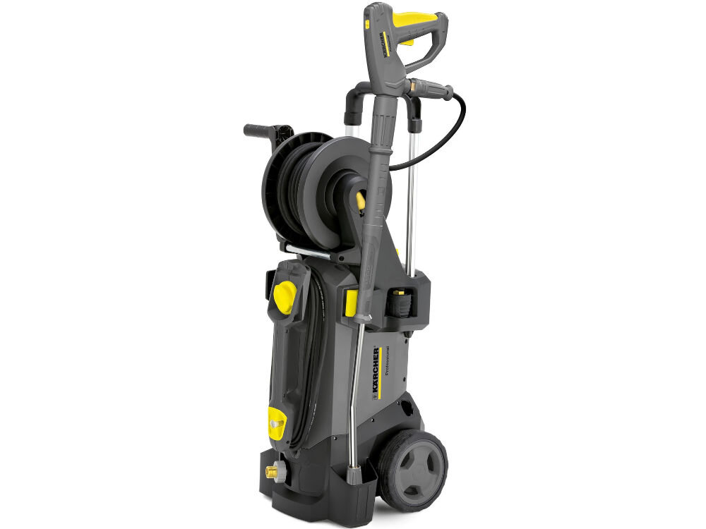 Myjka ciśnieniowa KARCHER HD 6/13 CX Plus 1.520-952.0 myjka szaro żółta koła bęben na wąż lanca uchwyt białe tło  pełen zestaw niezbędnych akcesoriów wysokociśnieniowy pistolet EASY!Force obrotowa lanca 15-metrowy wąż wysokociśnieniowy dwie dysze trójstopniowa manualna i rotacyjna zintegrowany bęben na wąż system przechowywania akcesoriów w obudowie uchwyty na osprzęt komfort użytkowania 