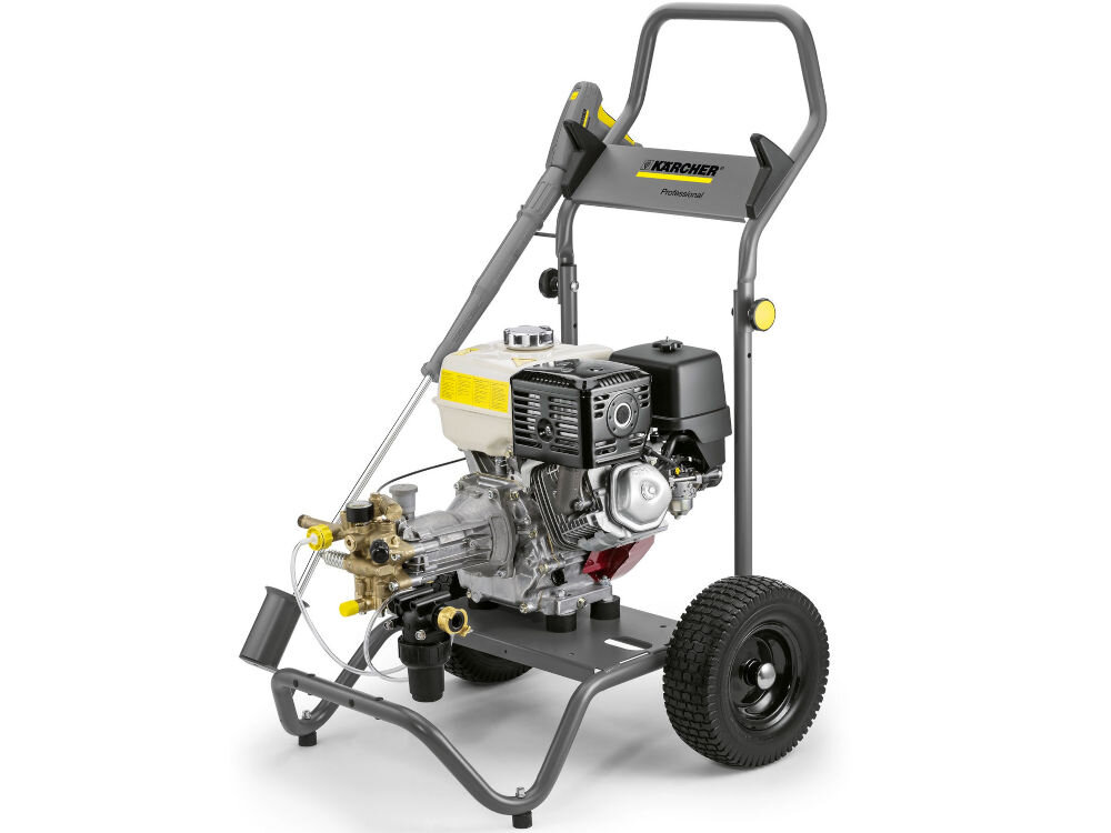 Myjka ciśnieniowa KARCHER HD 7/15 G 1.187-903.0 myjka koła lanca podzespoły silnik białe tło intensywna eksploatacja solidna rama wytrzymałość filtr wody zawór termiczny wydłużona żywotność urządzenia mobilna odporne na przebicie koła poruszanie po różnych nawierzchniach