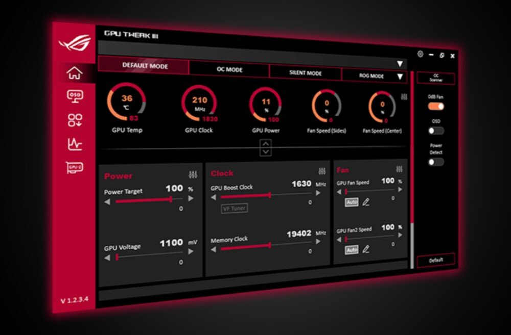 Karta graficzna ASUS Dual Radeon RX 7600 EVO OC 8GB Zrzut ekranu z interfejsu oprogramowania 'GPU Tweak III' pokazujący suwaki taktowania, temperatury i prędkości wentylatorów