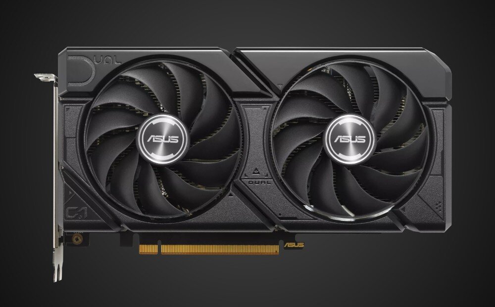 Karta graficzna ASUS Dual Radeon RX 7600 EVO OC 8GB Widok bezpośrednio od przodu na czarną obudowę karty graficznej z dwoma dużymi wentylatorami