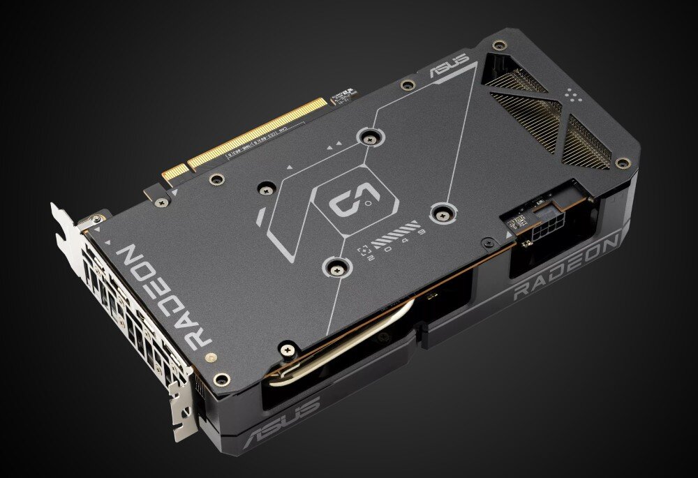 Karta graficzna ASUS Dual Radeon RX 7600 EVO OC 8GB Metalowa płyta tylna karty graficznej z widocznym logotypem 'ASUS' i wycięciem na procesor graficzny