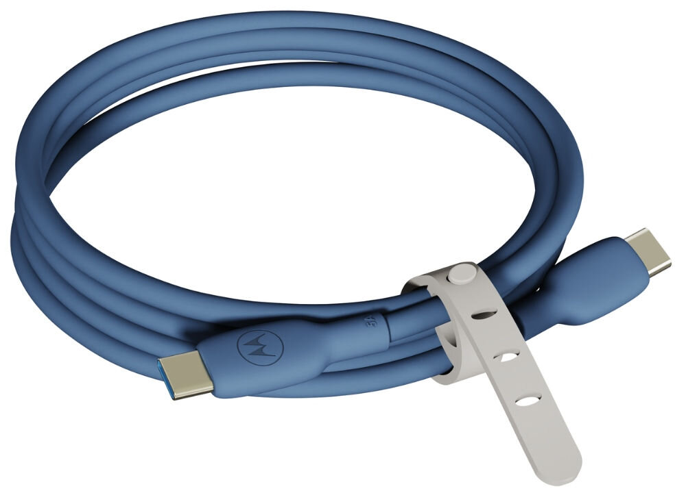 Niebieski kabel USB-C do USB-C z logo Motorola, zapięty białym paskiem z otworami.