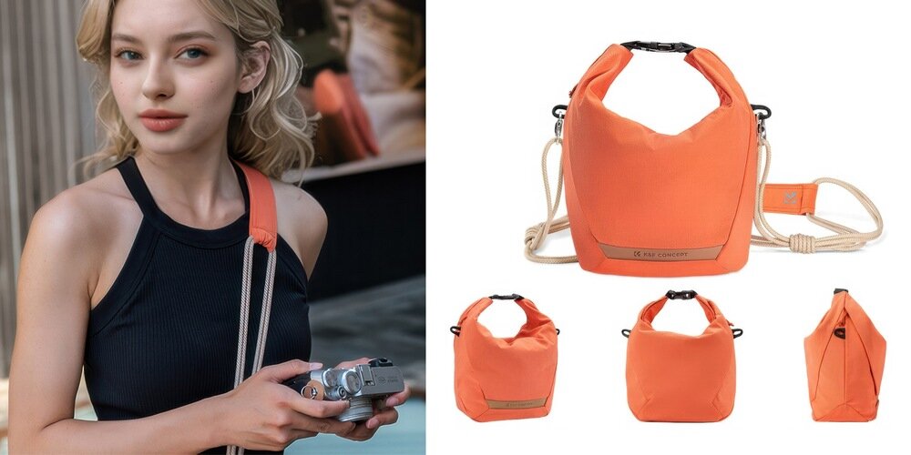 Kobieta z aparatem ma na ramieniu pomarańczową torbę K&F Concept; obok cztery ujęcia torby na białym tle z przodu, tyłu i boku kv początek opisu