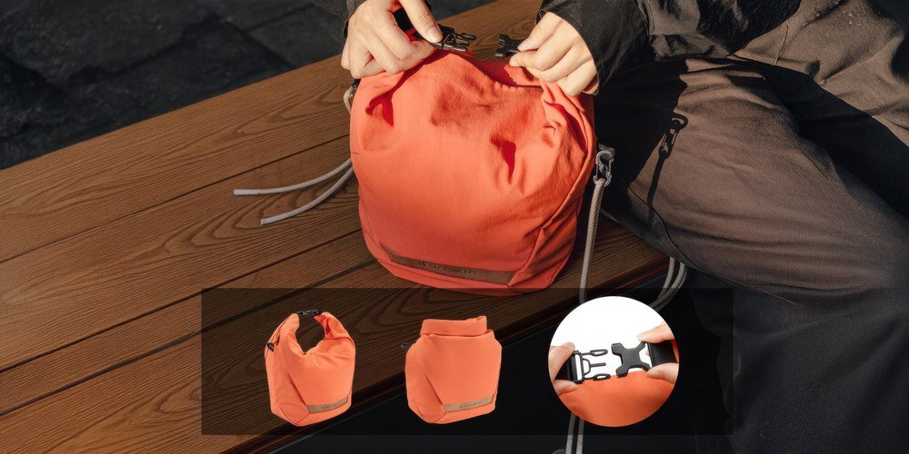 Dłonie zapinają klamrę pomarańczowej torby K&F Concept na ławce; na dole wstawki z ujęciami torby i zbliżeniem klamry