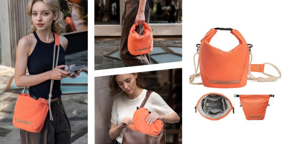 Kolaż: pomarańczowa torba K&F Concept; kobieta z aparatem nosi ją na ramieniu, inna trzyma w dłoni, ujęcie na białym tle, z przodu, z góry, z tyłu