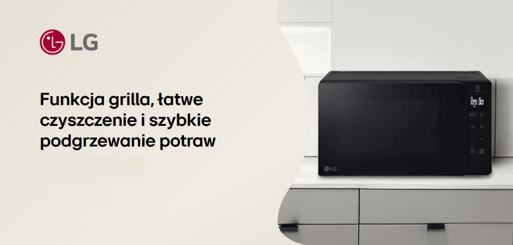 KUCHNIA MIKROFALOWA LG MH7032JAS Kuchenka mikrofalowa LG ustawiona na blacie kuchennym, pokazana obok informacji o funkcji grilla, łatwym czyszczeniu i szybkim podgrzewaniu. Widoczne jest oznaczenie modelu LG MH6032GAS