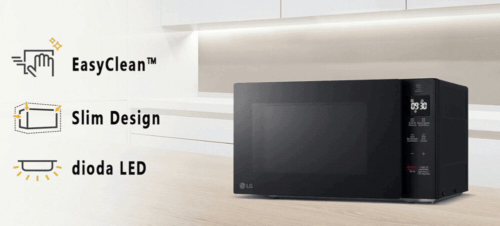 KUCHNIA MIKROFALOWA LG MH7032JAS Mikrofalówka LG zaprezentowana z ikonami EasyClean™, Slim Design oraz diodą LED. Grafiki po lewej stronie wskazują kluczowe cechy urządzenia smart inverter 30l równomierne podgrzewanie led stal nierdzewna 5 poziomów mocy