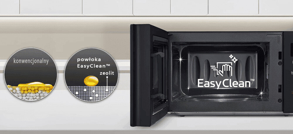 KUCHNIA MIKROFALOWA LG MH7032JAS Otwarta komora mikrofalówki z widoczną powłoką EasyClean™ wewnątrz. Obok pokazano porównanie standardowej powierzchni i specjalnej powłoki z dodatkiem zeolitu easyclean technologia czyszczenie parowe 99 bakterii bez detergentów łatwe czyszczenie higiena