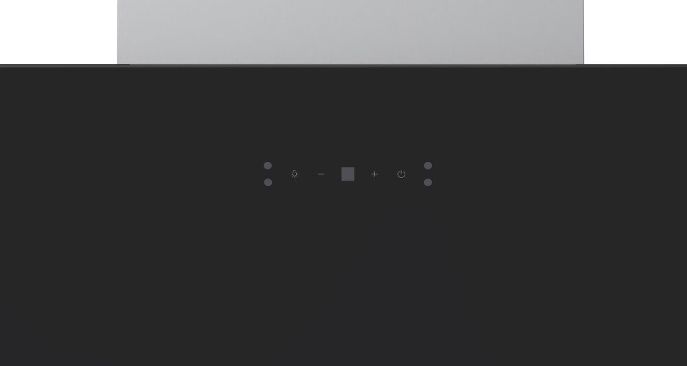 OKAP MIDEA MH60A4300B-ES Zdjęcie przedstawia zbliżenie na panel dotykowy okapu z ikonami sterowania. Powierzchnia jest czarna i minimalistyczna 4 prędkości moc regulacja panel sterowania