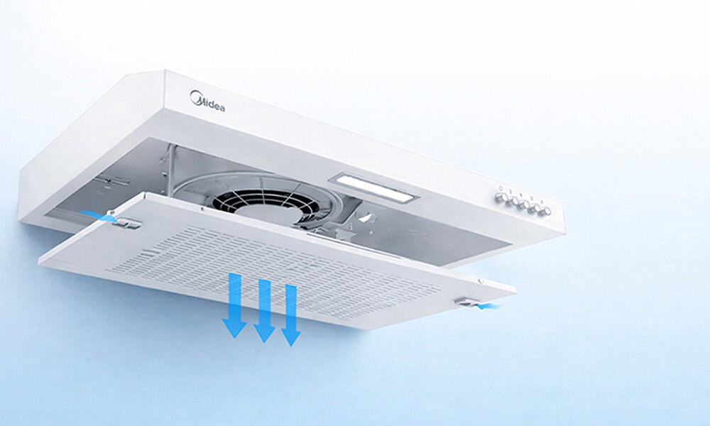 OKAP MIDEA MH60F17EM21WB Zdjęcie przedstawia dolną część okapu z otwartym panelem filtra. Strzałki wskazują kierunek przepływu powietrza przez filtr do wnętrza urządzenia filtr metalowy czyszczenie konserwacja