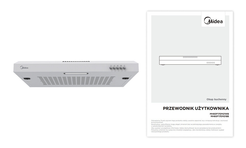 OKAP MIDEA MH60F17EM21WB Zdjęcie przedstawia czarny okap kuchenny marki Midea ukazany z przodu. Obok znajduje się instrukcja obsługi urządzenia w formie graficznej broszury. dokumentacja okap zestaw Zawartość