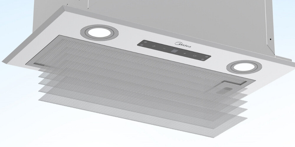 Okap MIDEA MH52T01ET22SG wizualizacja widok od dołu filtry filtr czyste powietrze usuwanie tłuszczu mycie w zmywarce